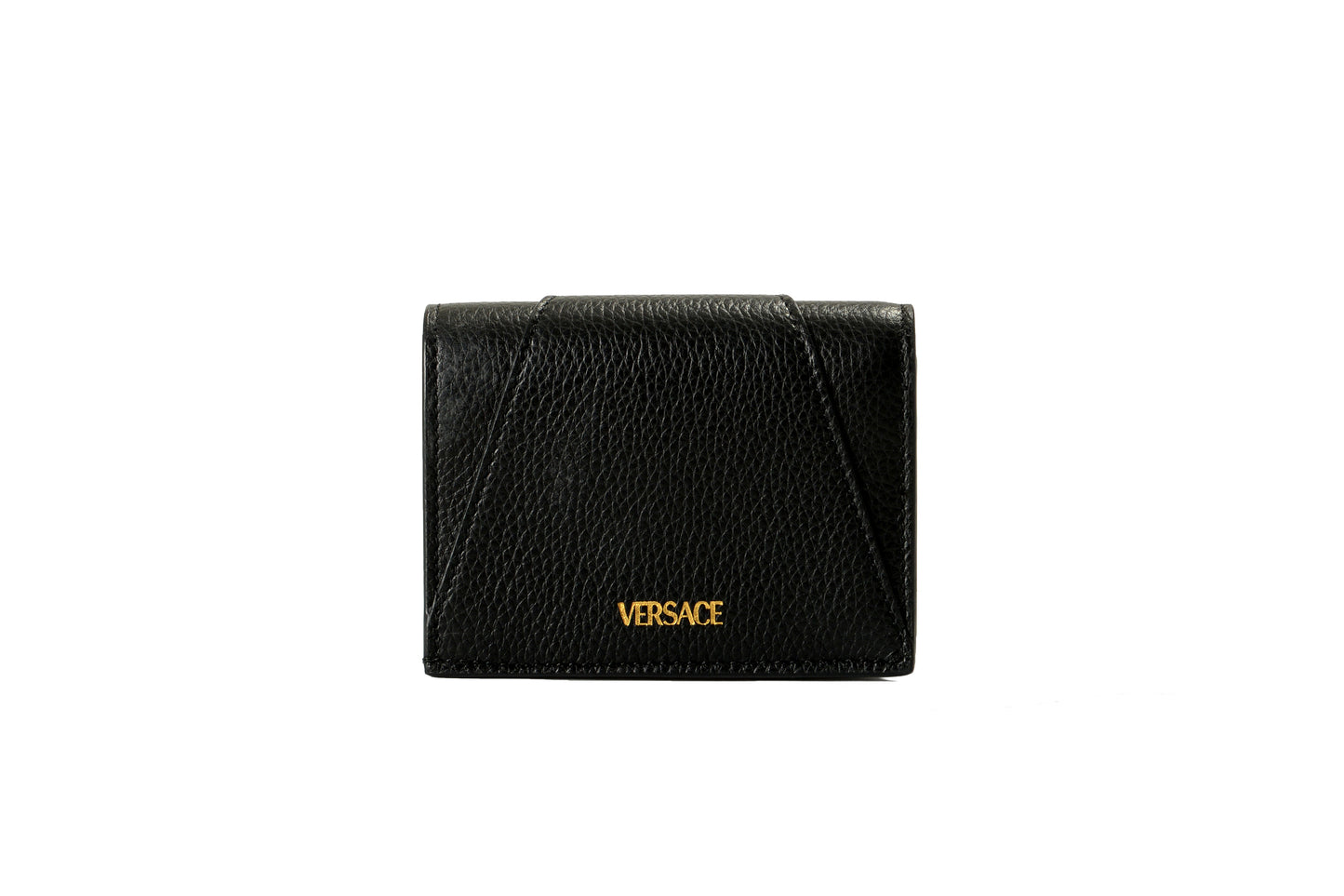 Versace Women's Black 100% Textured Leather Gold V-Logo Compact Wallet