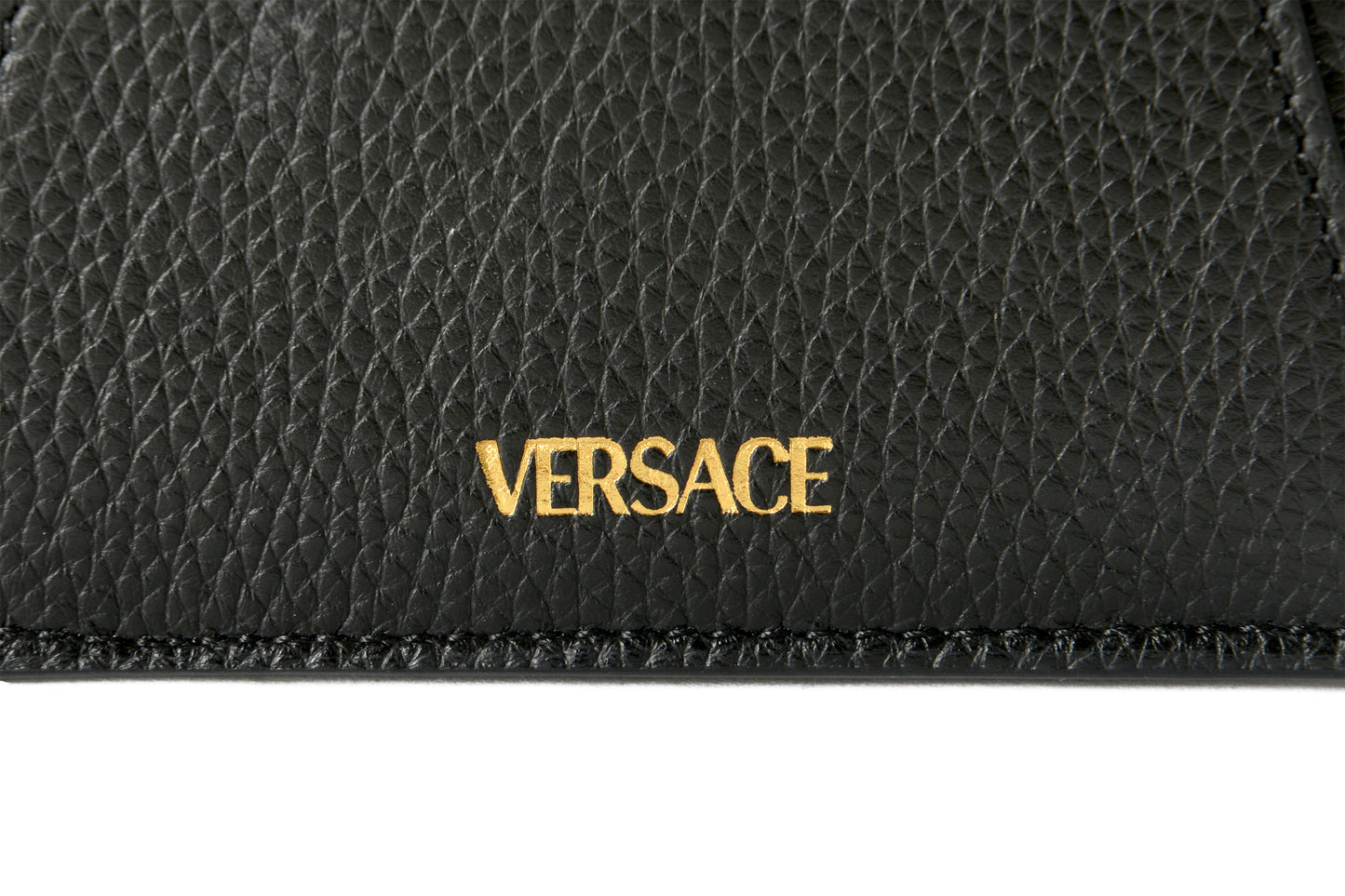 Versace Women's Black 100% Textured Leather Gold V-Logo Compact Wallet