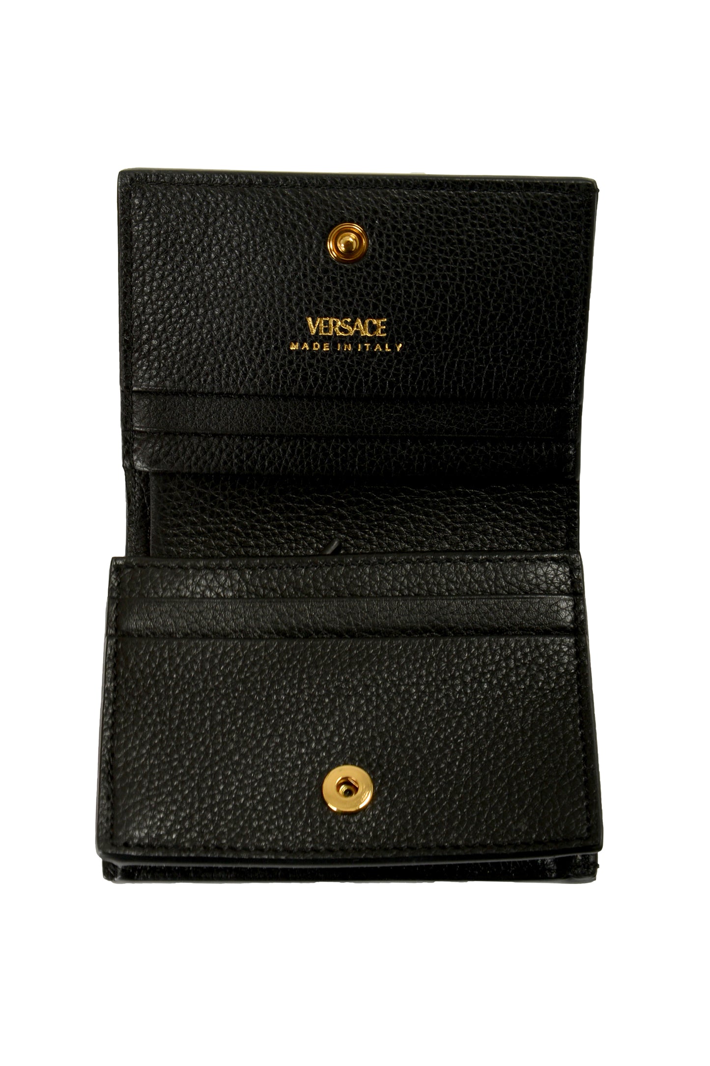 Versace Women's Black 100% Textured Leather Gold V-Logo Compact Wallet