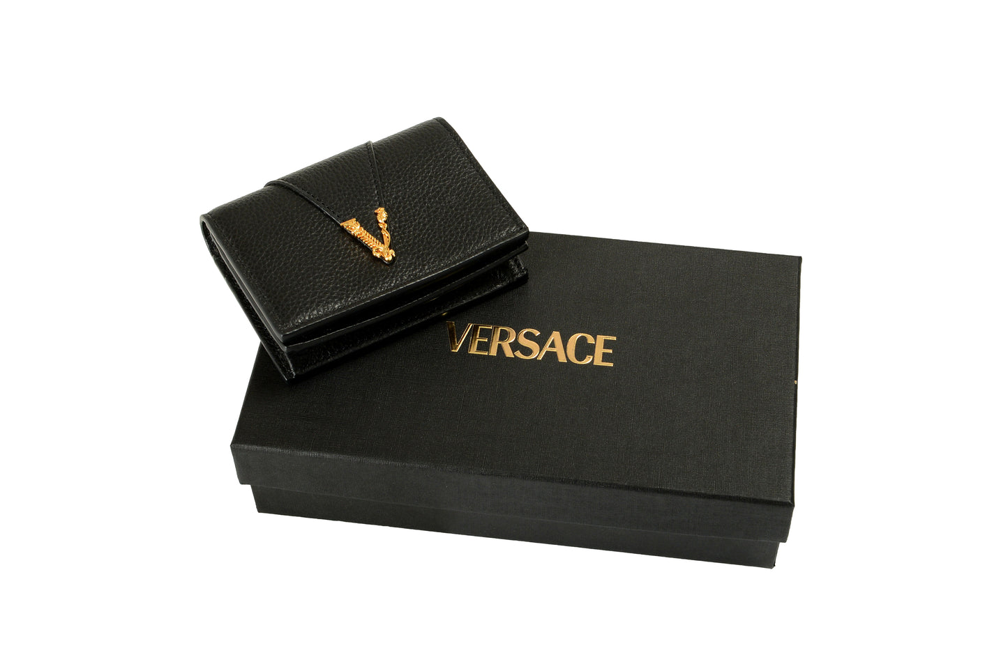 Versace Women's Black 100% Textured Leather Gold V-Logo Compact Wallet