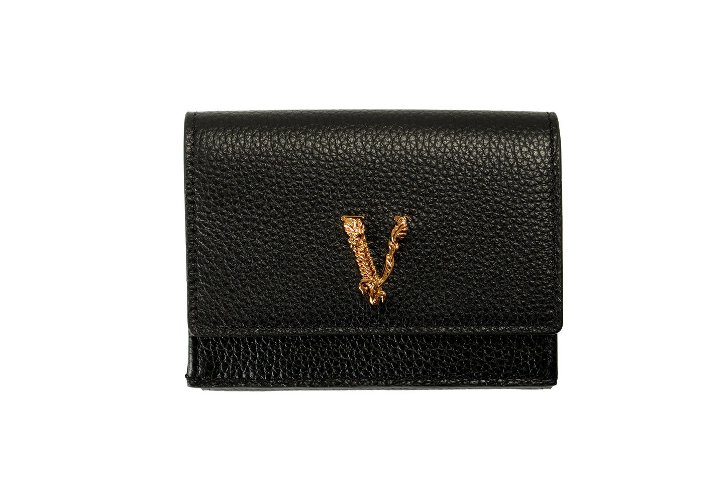 Versace Black 100% Textured Leather Gold V-Logo Compact Trifold Wallet