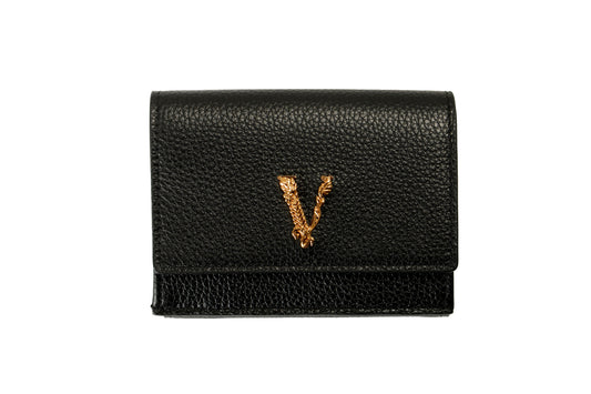 Versace Black 100% Textured Leather Gold V-Logo Compact Trifold Wallet