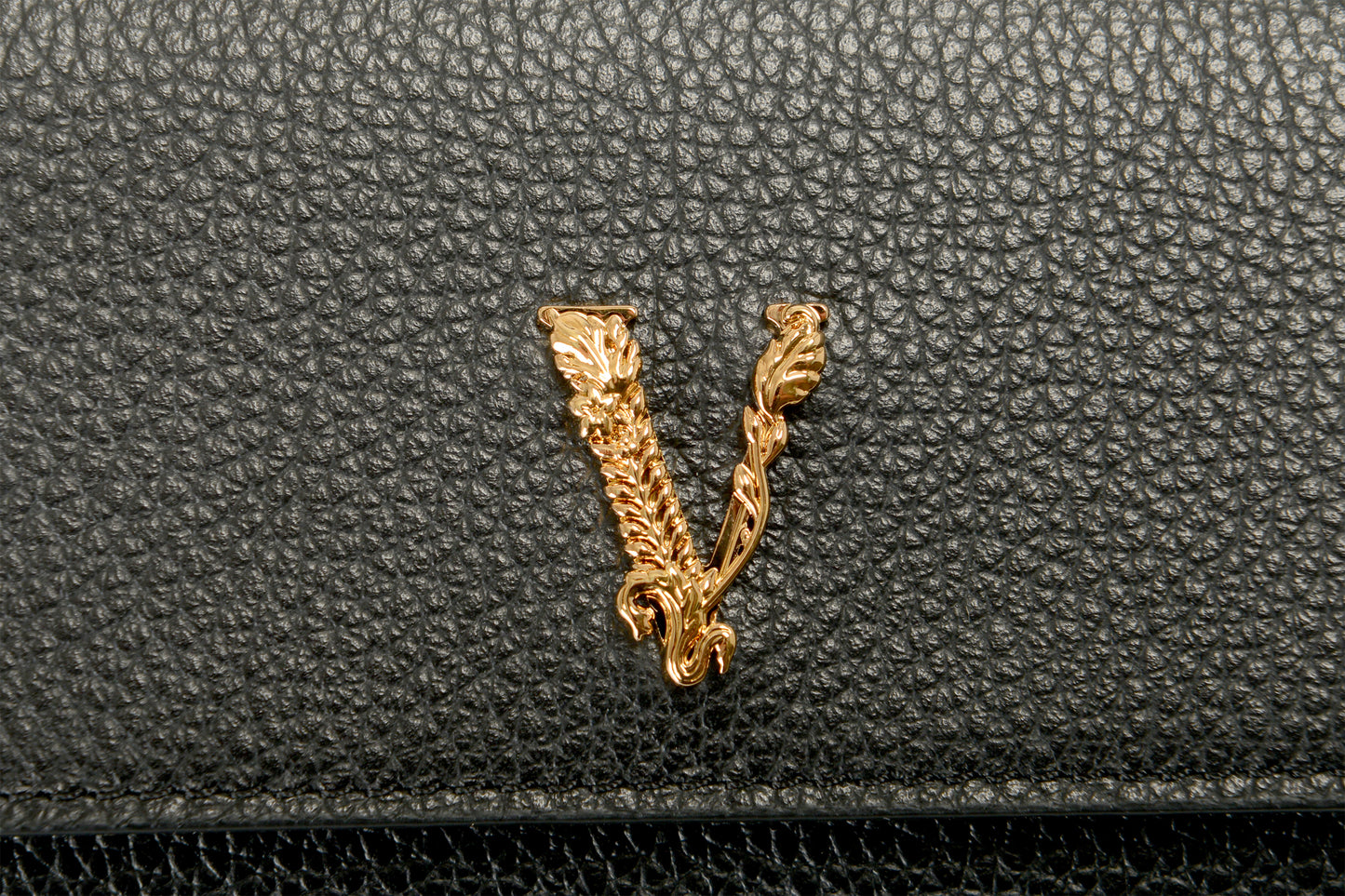 Versace Black 100% Textured Leather Gold V-Logo Compact Trifold Wallet
