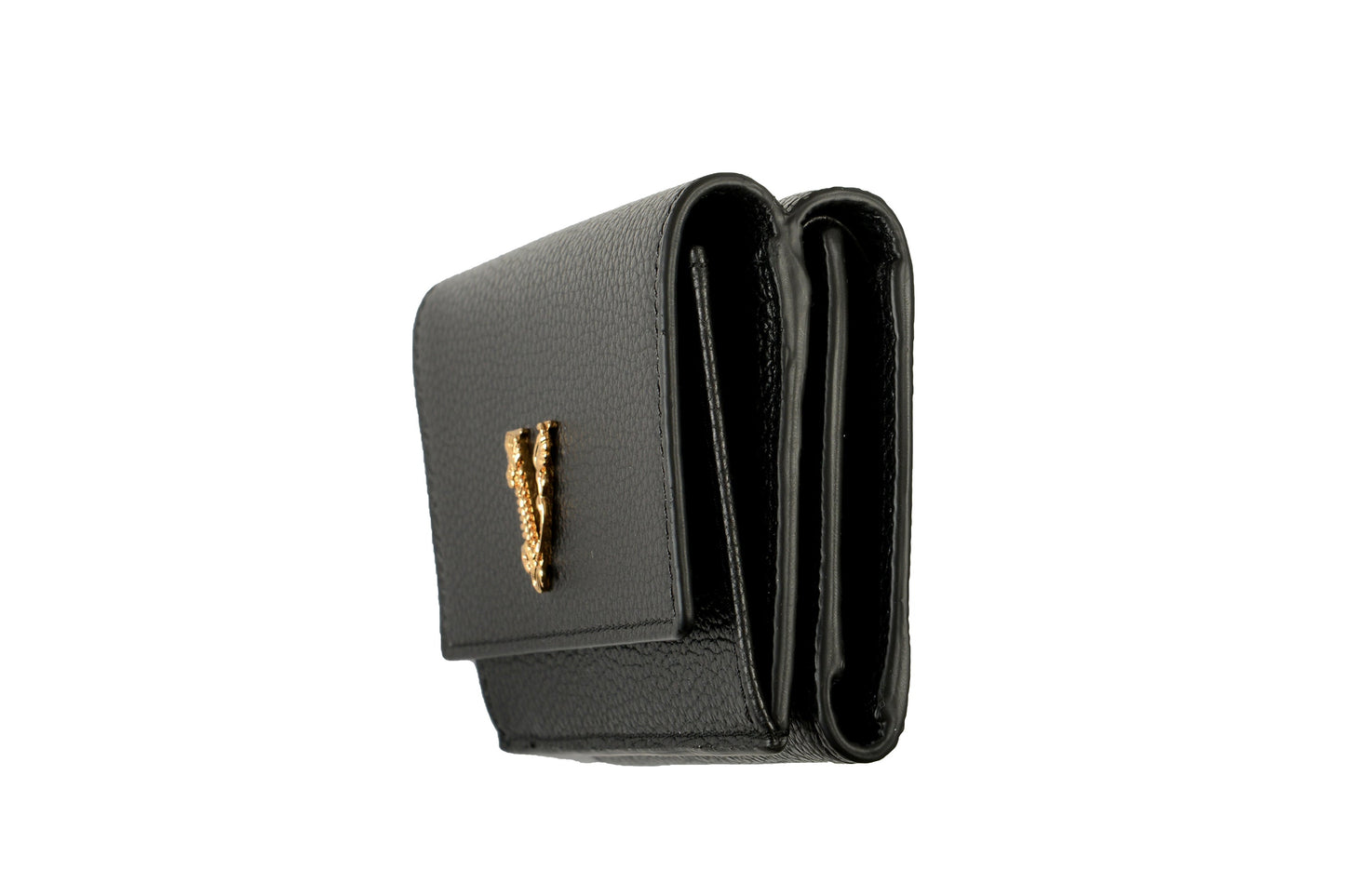 Versace Black 100% Textured Leather Gold V-Logo Compact Trifold Wallet