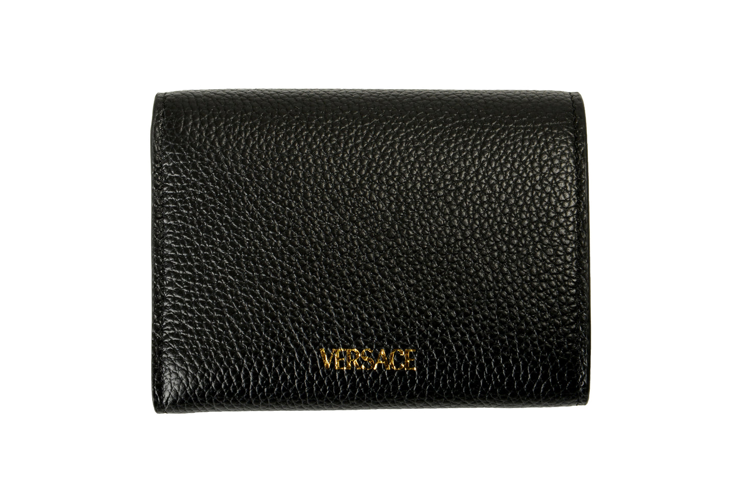 Versace Black 100% Textured Leather Gold V-Logo Compact Trifold Wallet