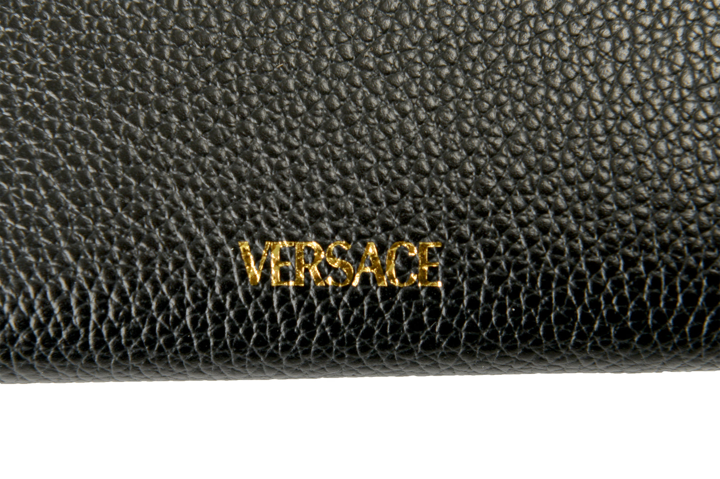 Versace Black 100% Textured Leather Gold V-Logo Compact Trifold Wallet