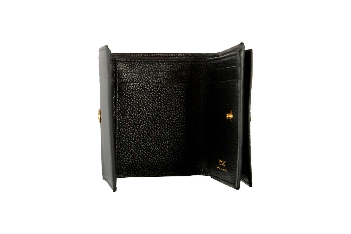 Versace Black 100% Textured Leather Gold V-Logo Compact Trifold Wallet