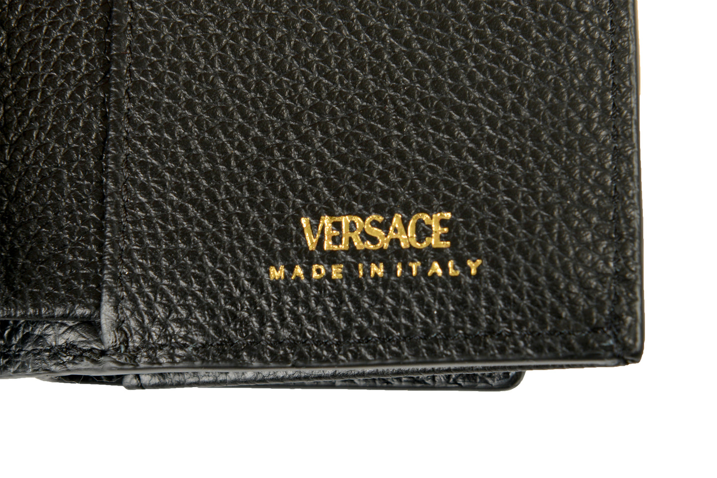 Versace Black 100% Textured Leather Gold V-Logo Compact Trifold Wallet