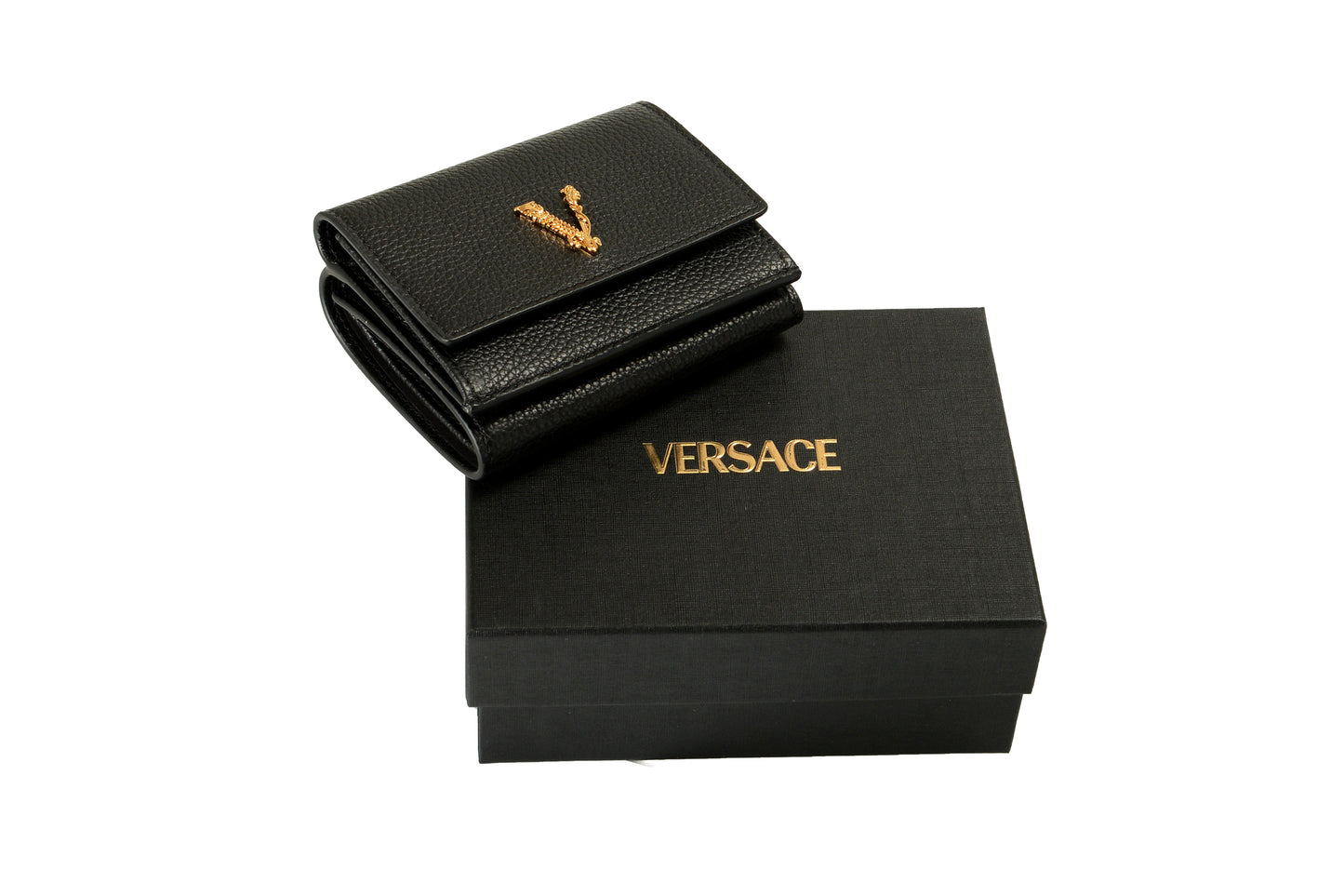 Versace Black 100% Textured Leather Gold V-Logo Compact Trifold Wallet