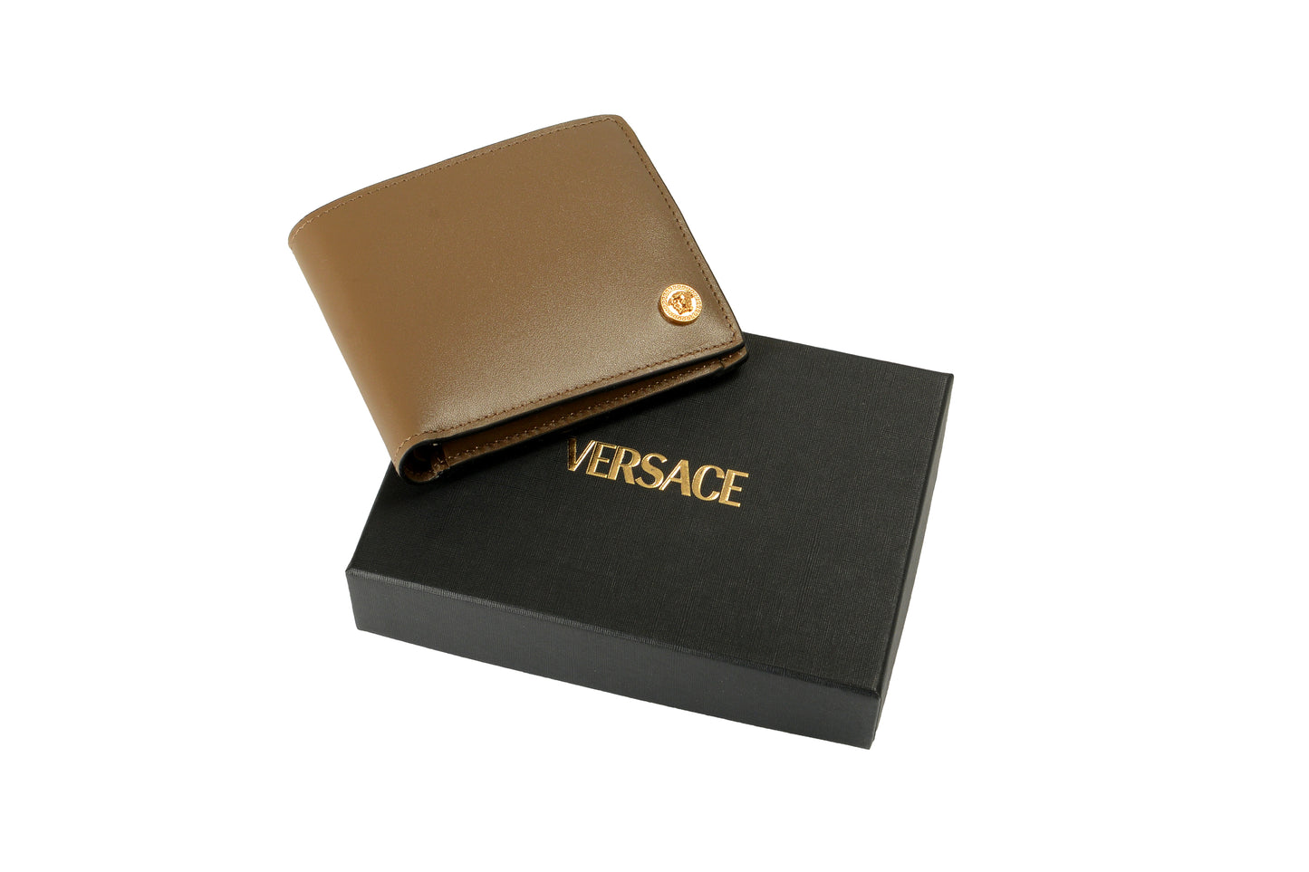 Versace Chestnut 100% Leather Gold Medusa Head Bifold Wallet W/Coin Pocket