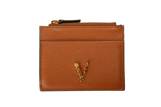 Versace Women's Cognac Brown 100% Textured Leather V-Logo Card Case