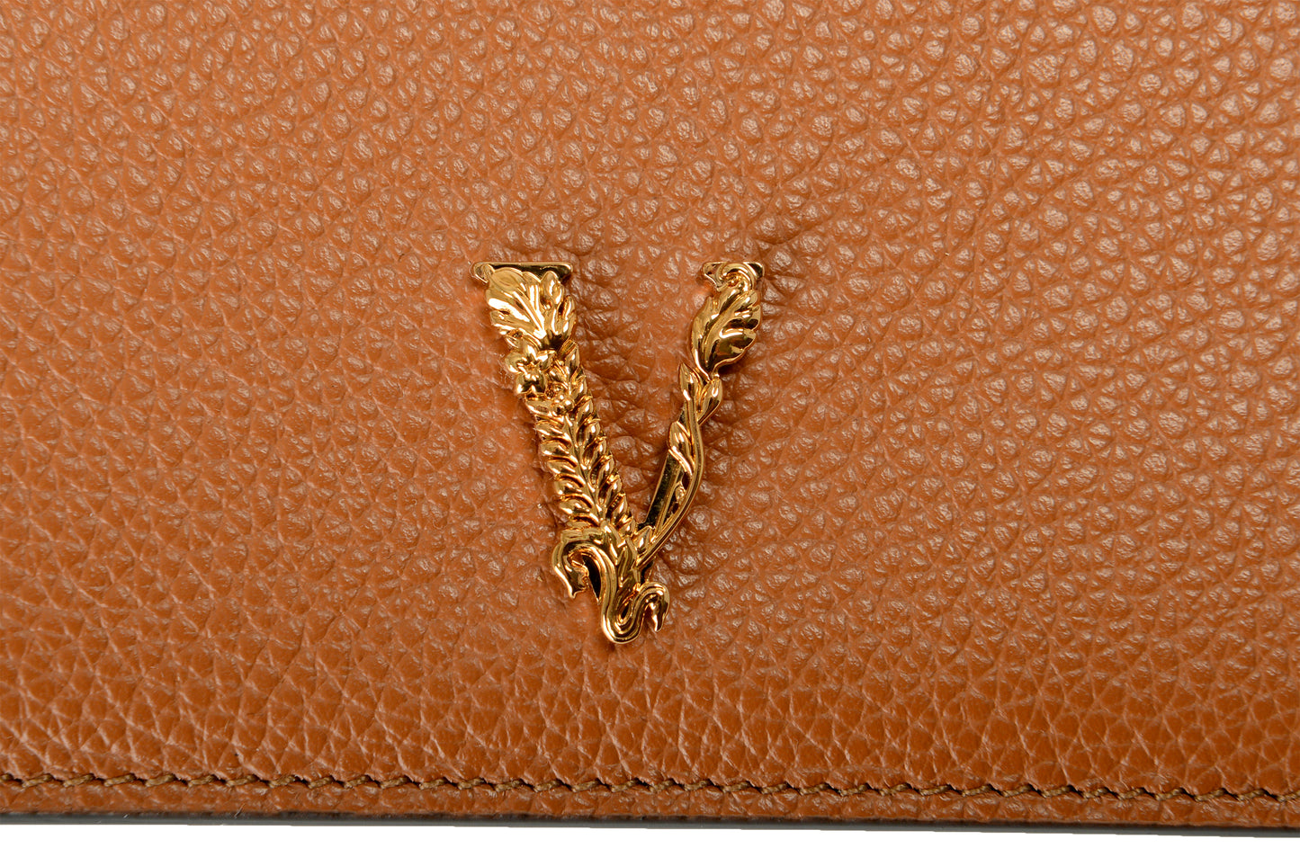 Versace Women's Cognac Brown 100% Textured Leather V-Logo Card Case