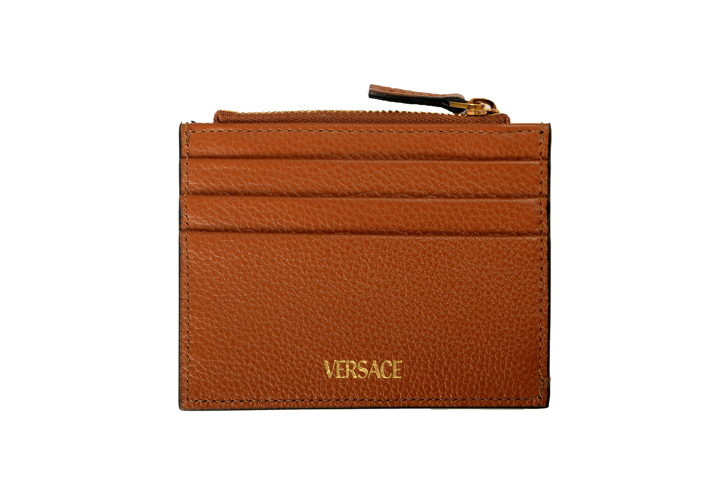 Versace Women's Cognac Brown 100% Textured Leather V-Logo Card Case