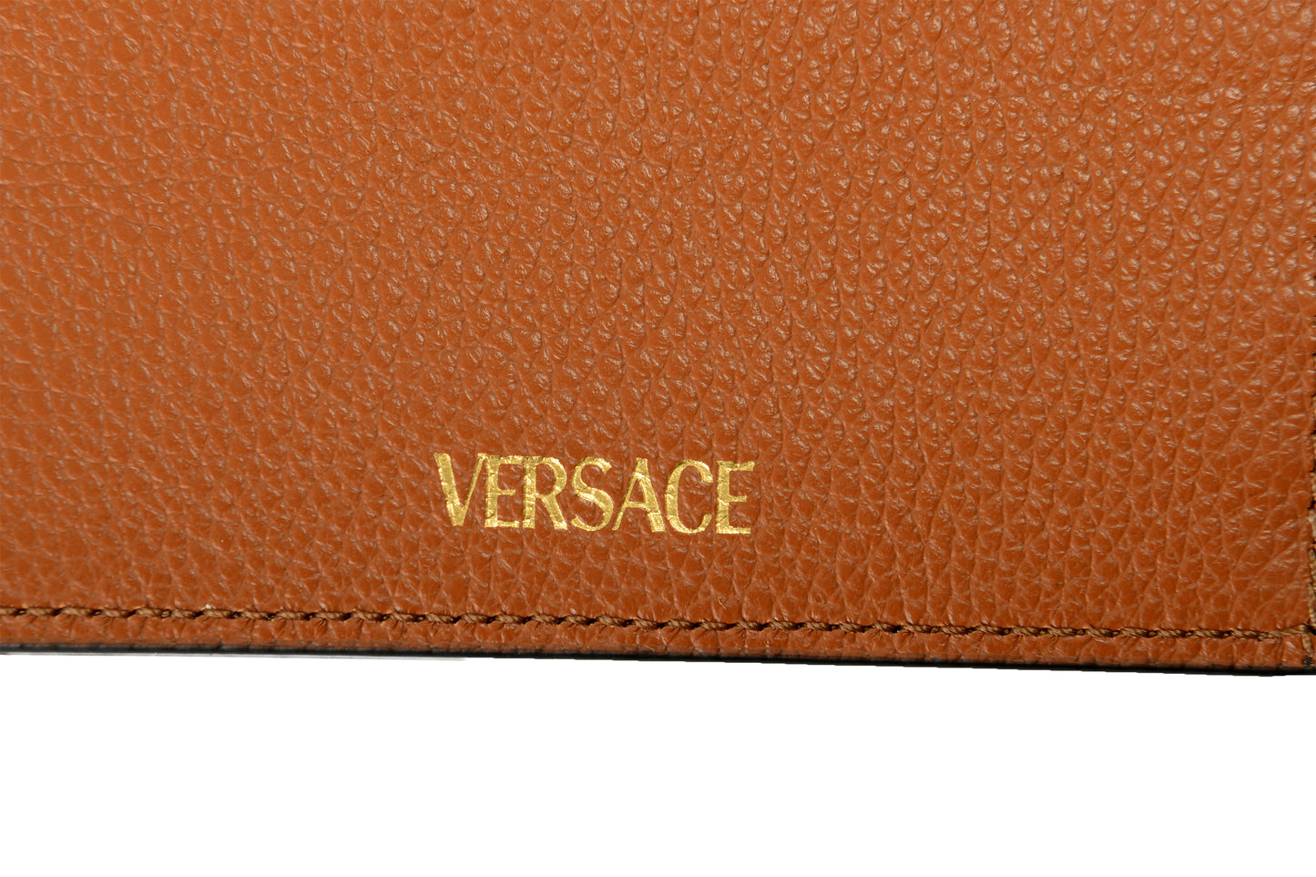 Versace Women's Cognac Brown 100% Textured Leather V-Logo Card Case