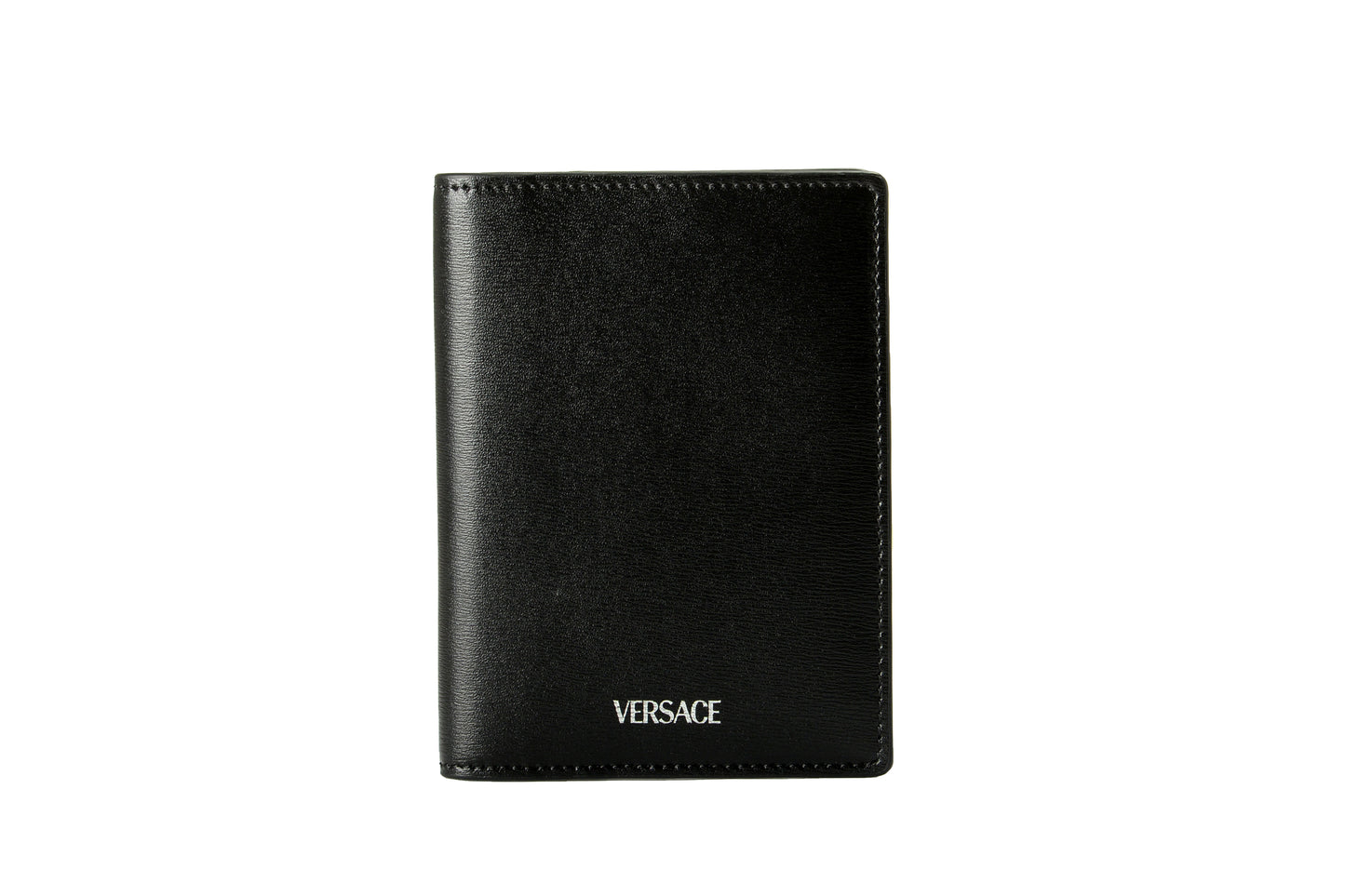 Versace Black 100% Leather Silver Logo Print Card Case Holder Bifold Wallet