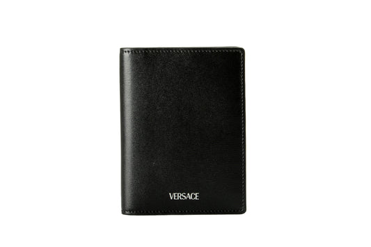Versace Black 100% Leather Silver Logo Print Card Case Holder Bifold Wallet