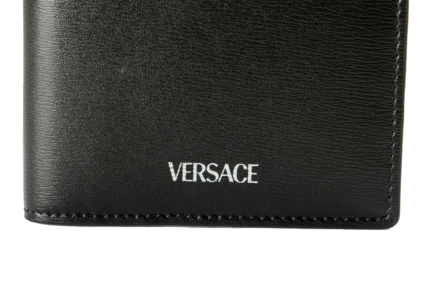 Versace Black 100% Leather Silver Logo Print Card Case Holder Bifold Wallet