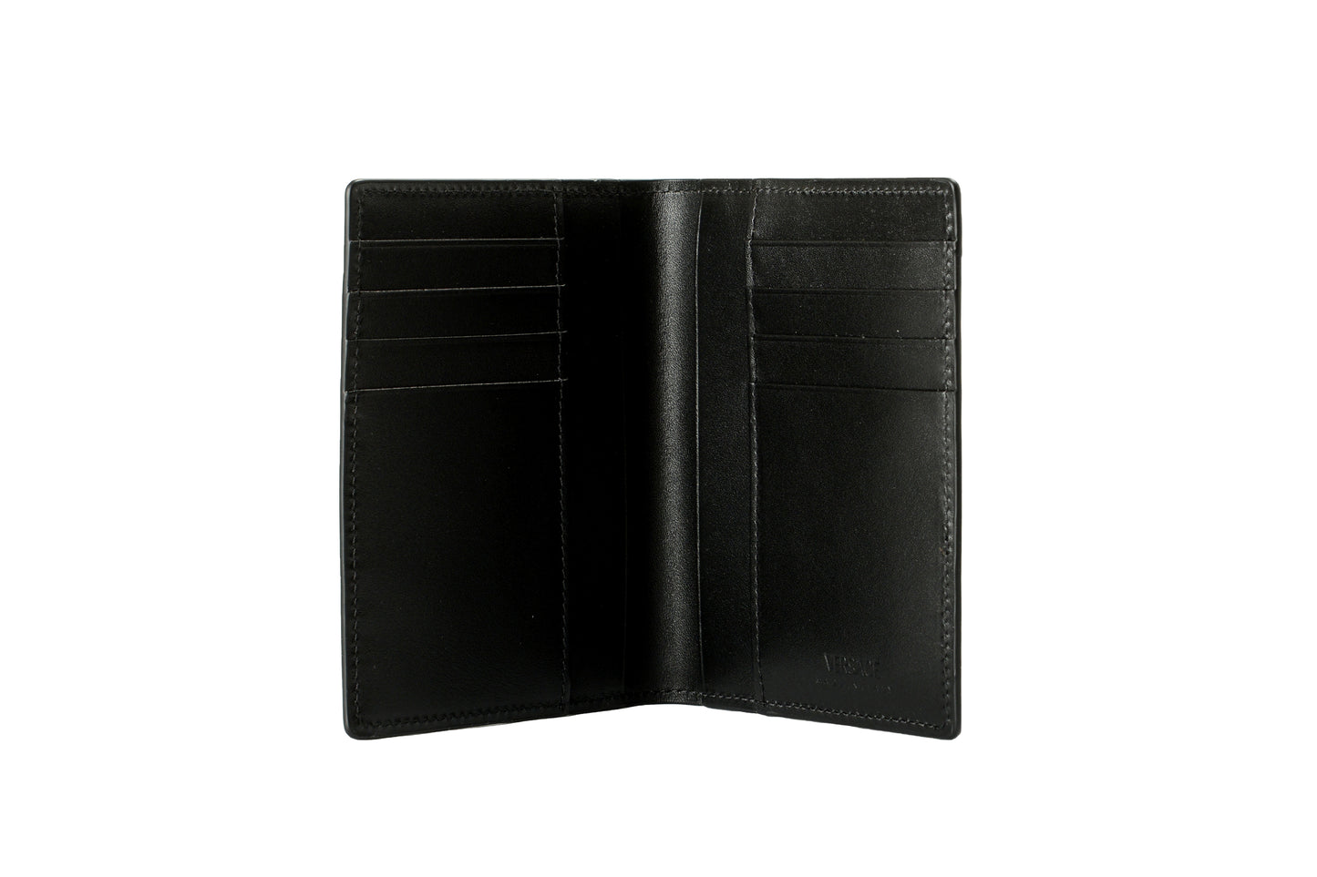 Versace Black 100% Leather Silver Logo Print Card Case Holder Bifold Wallet