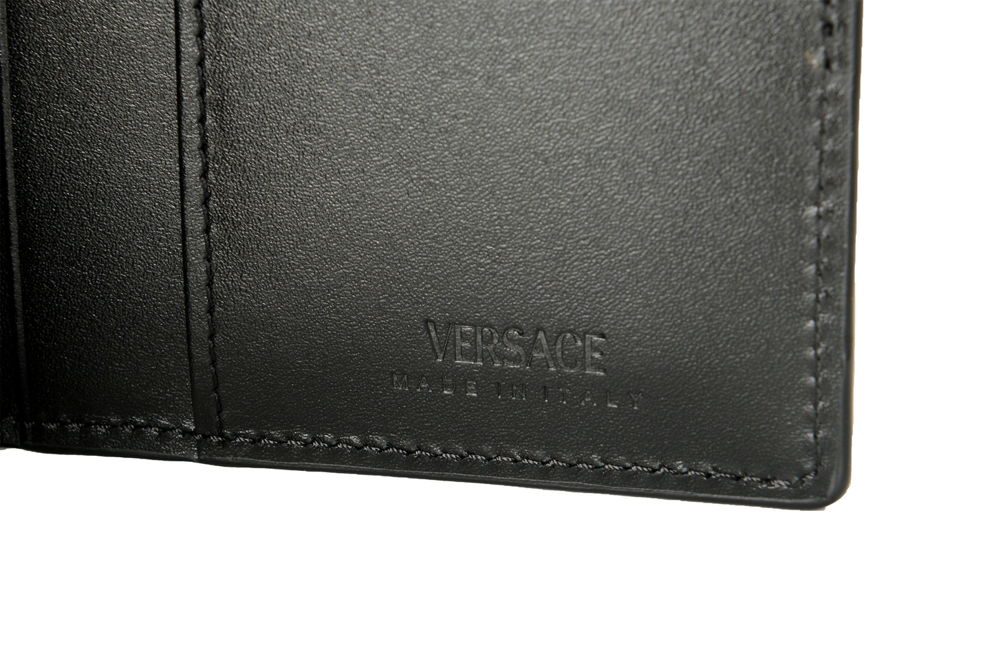 Versace Black 100% Leather Silver Logo Print Card Case Holder Bifold Wallet
