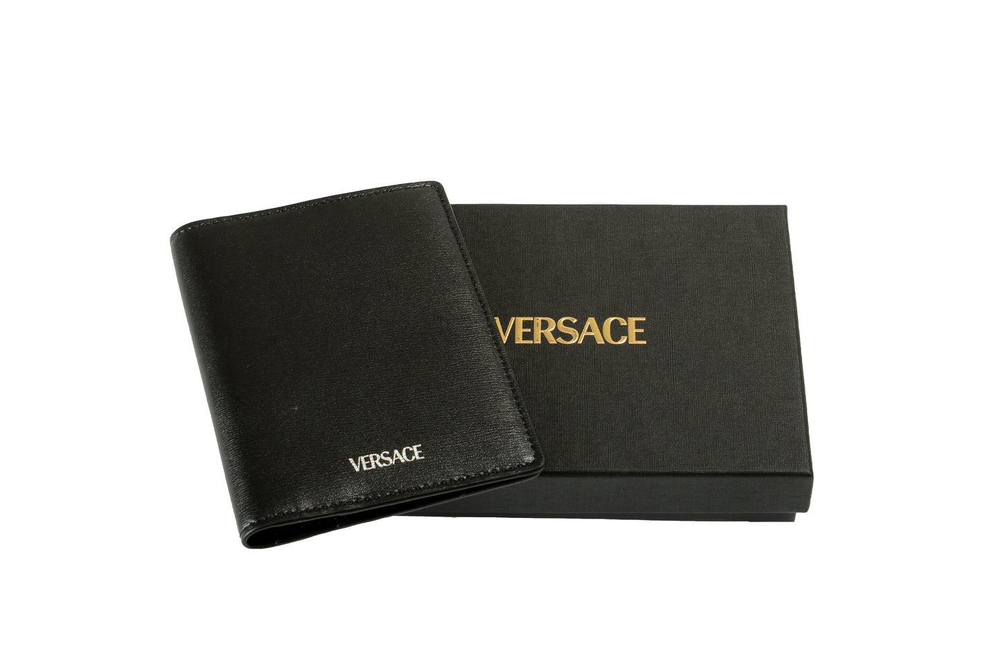 Versace Black 100% Leather Silver Logo Print Card Case Holder Bifold Wallet
