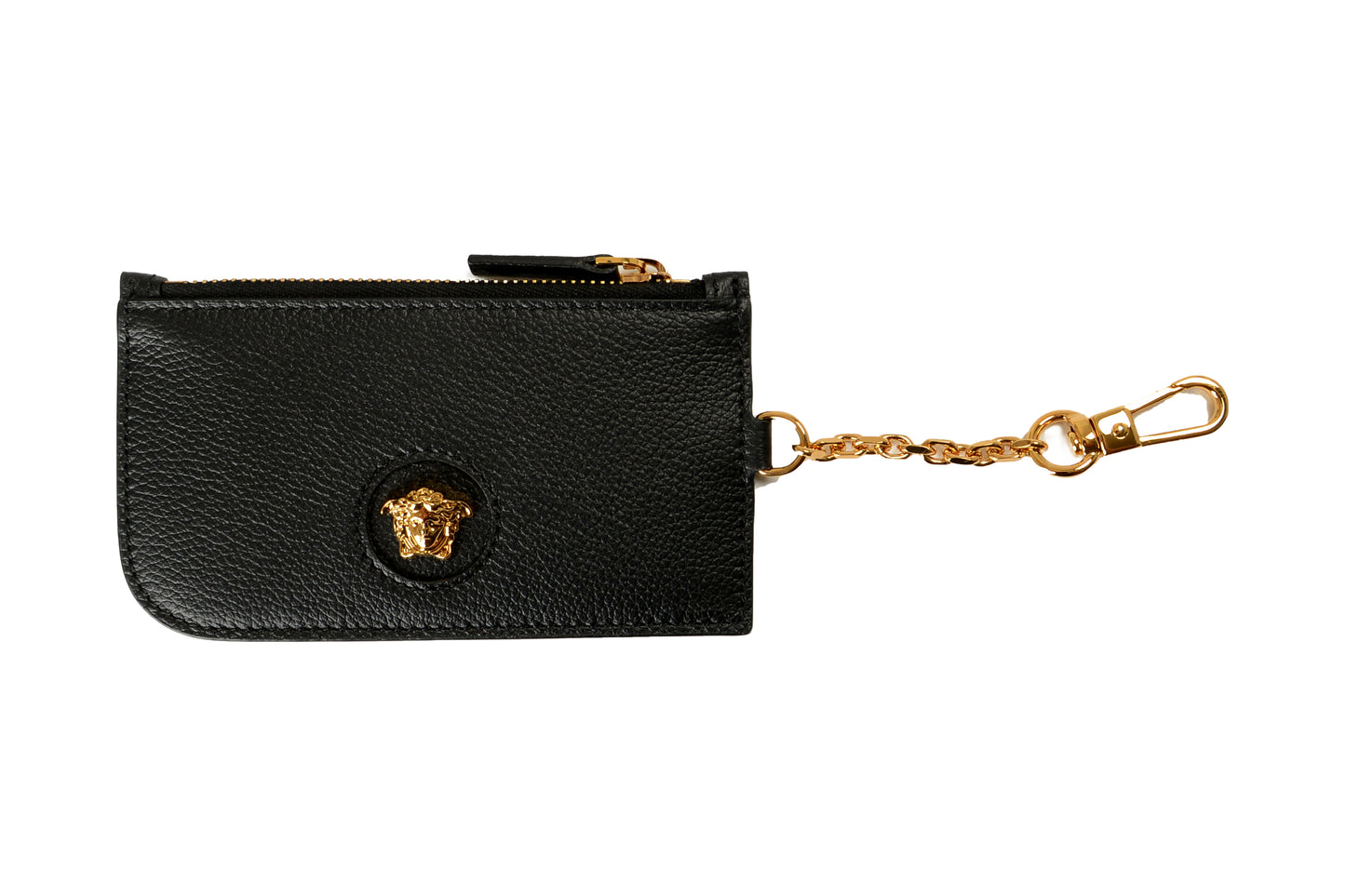 Versace Black 100% Textured Leather Gold Medusa Head Card Case Keychain