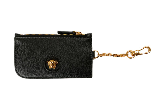 Versace Black 100% Textured Leather Gold Medusa Head Card Case Keychain