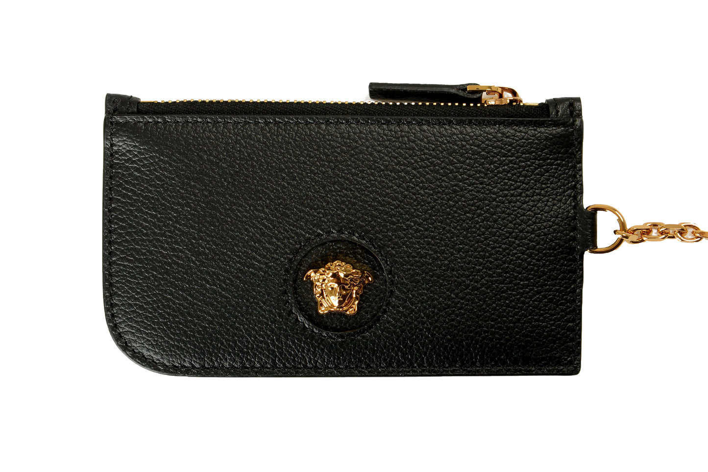 Versace Black 100% Textured Leather Gold Medusa Head Card Case Keychain