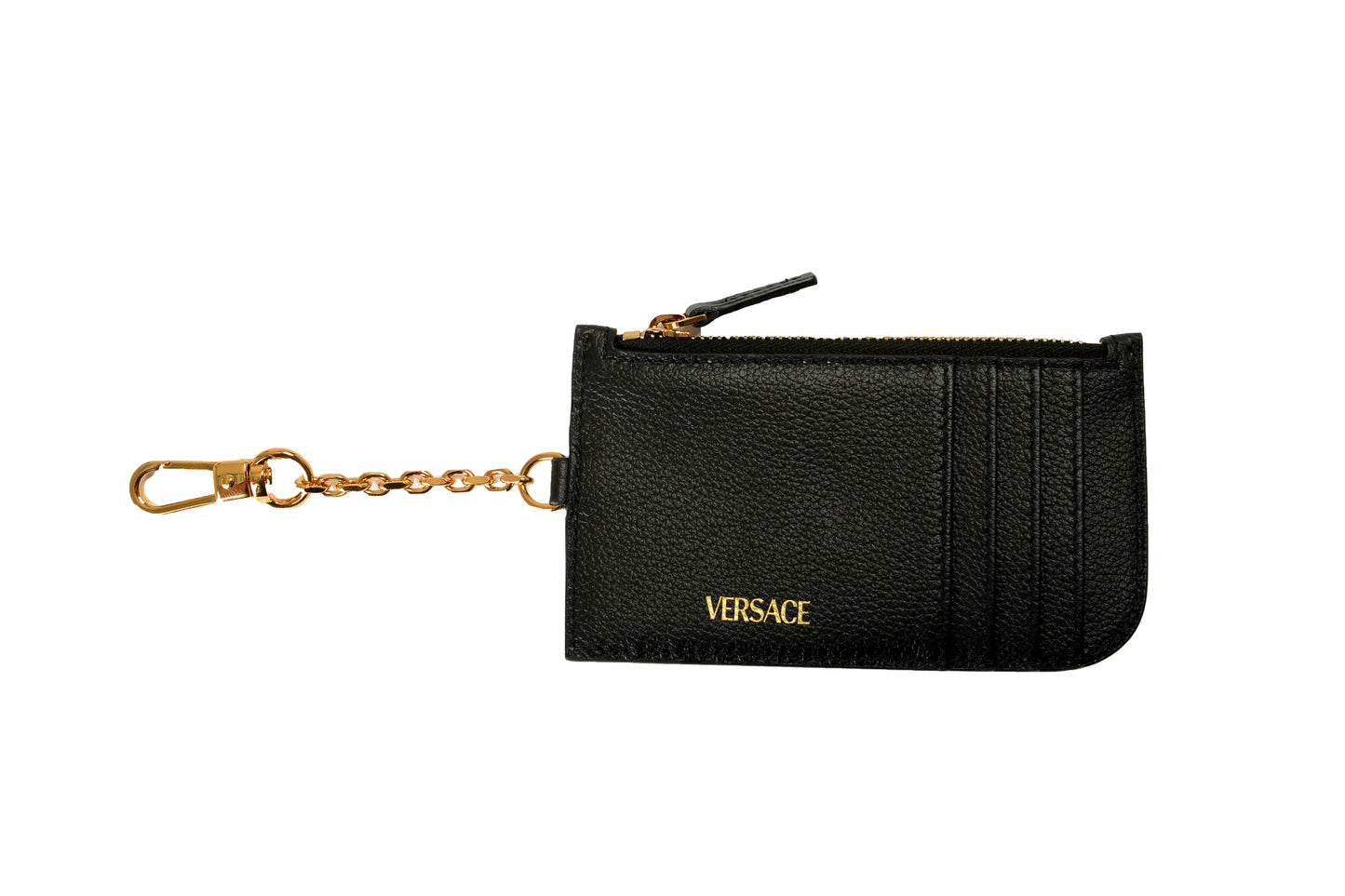 Versace Black 100% Textured Leather Gold Medusa Head Card Case Keychain