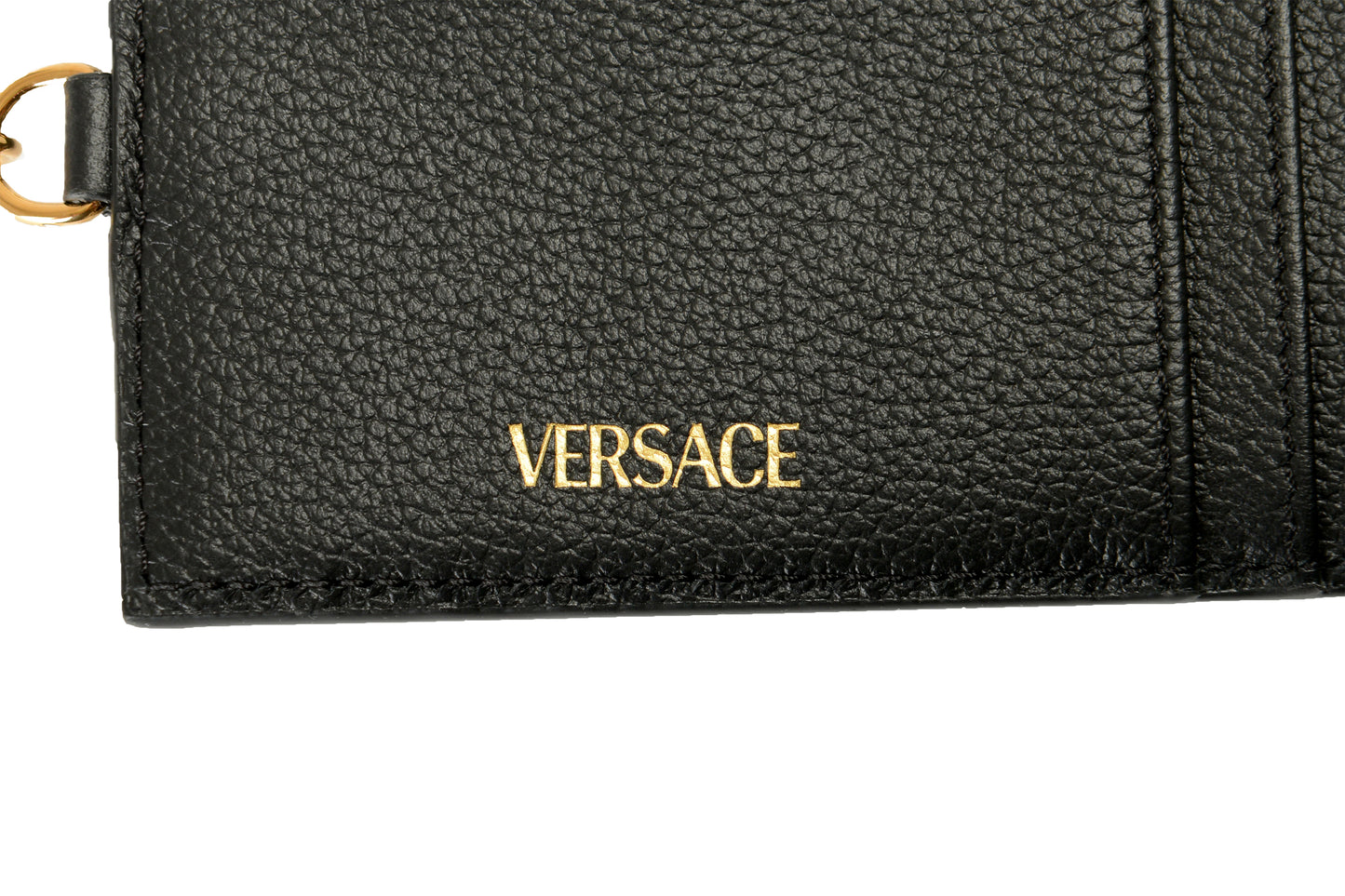 Versace Black 100% Textured Leather Gold Medusa Head Card Case Keychain