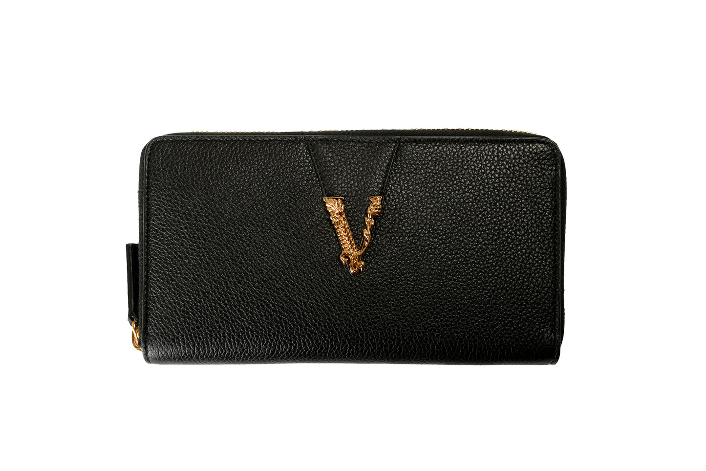Versace Women's Black 100% Grainy Leather Gold V-Logo Zip Around Wallet