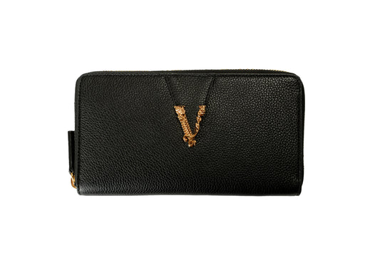 Versace Women's Black 100% Grainy Leather Gold V-Logo Zip Around Wallet