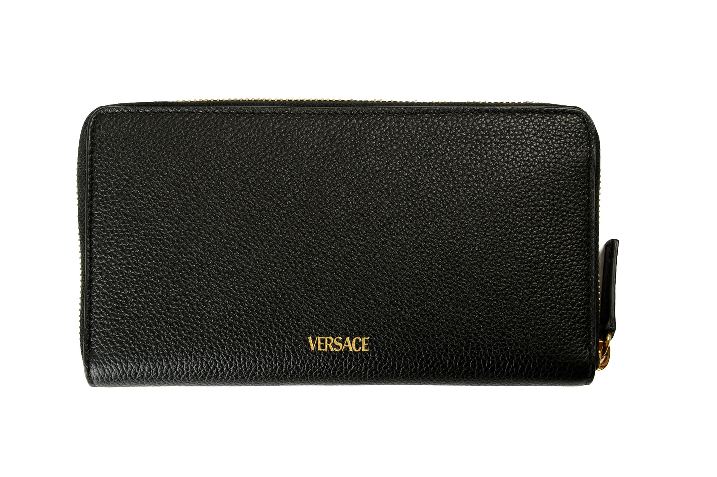 Versace Women's Black 100% Grainy Leather Gold V-Logo Zip Around Wallet