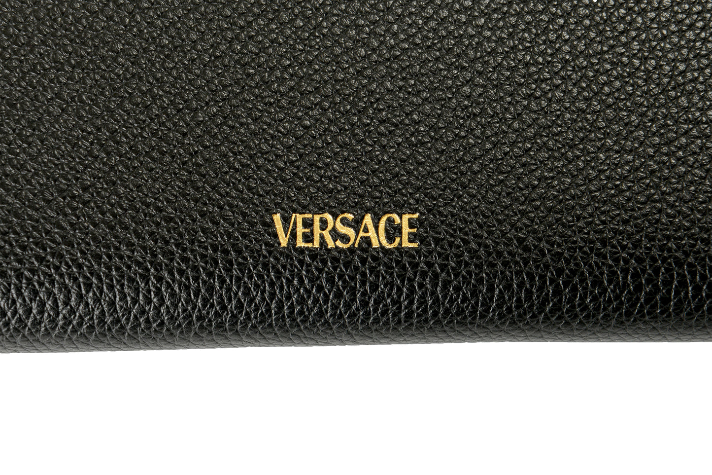 Versace Women's Black 100% Grainy Leather Gold V-Logo Zip Around Wallet