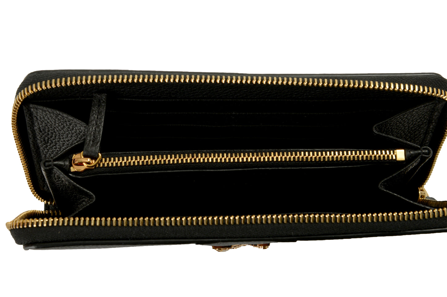 Versace Women's Black 100% Grainy Leather Gold V-Logo Zip Around Wallet