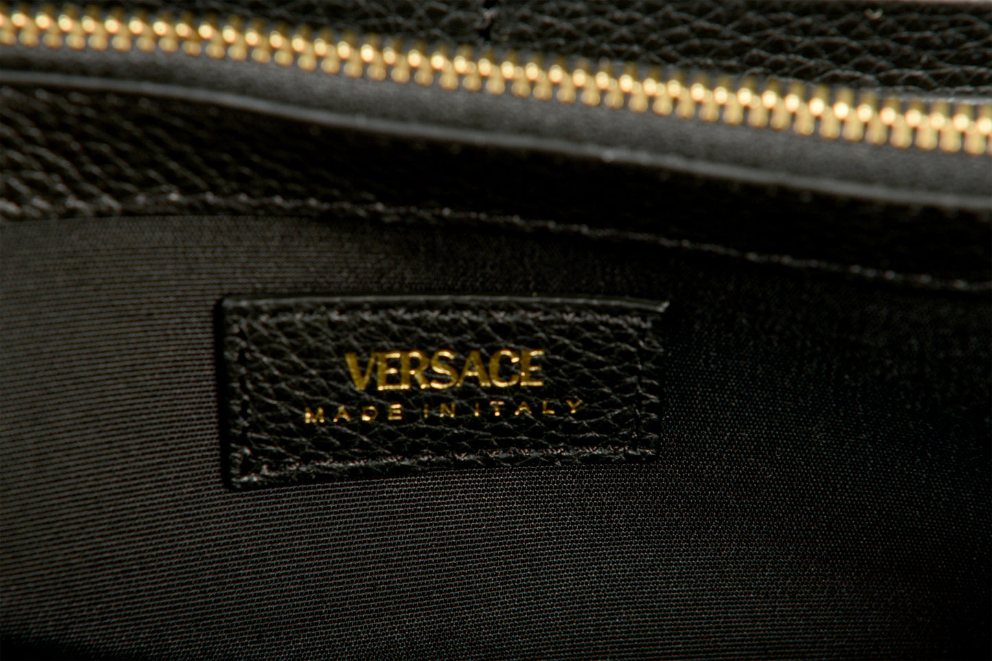 Versace Women's Black 100% Grainy Leather Gold V-Logo Zip Around Wallet