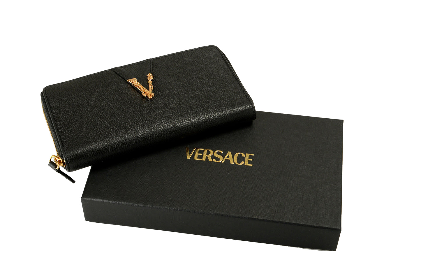 Versace Women's Black 100% Grainy Leather Gold V-Logo Zip Around Wallet