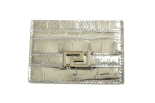 Versace Silver Croc Print Leather Silver Creeca Logo Card Case Holder