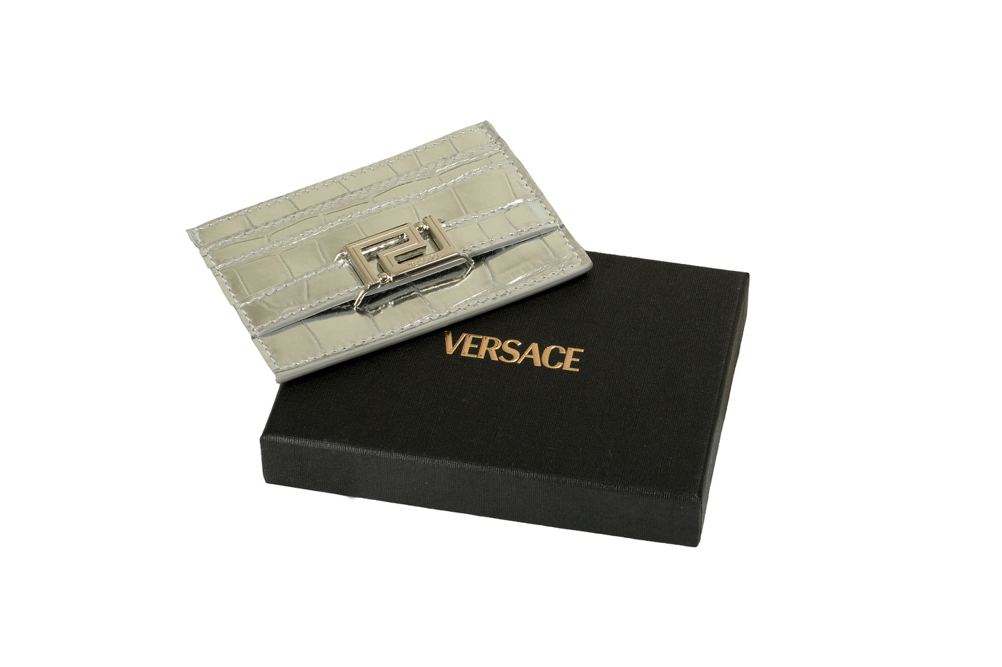 Versace Silver Croc Print Leather Silver Creeca Logo Card Case Holder