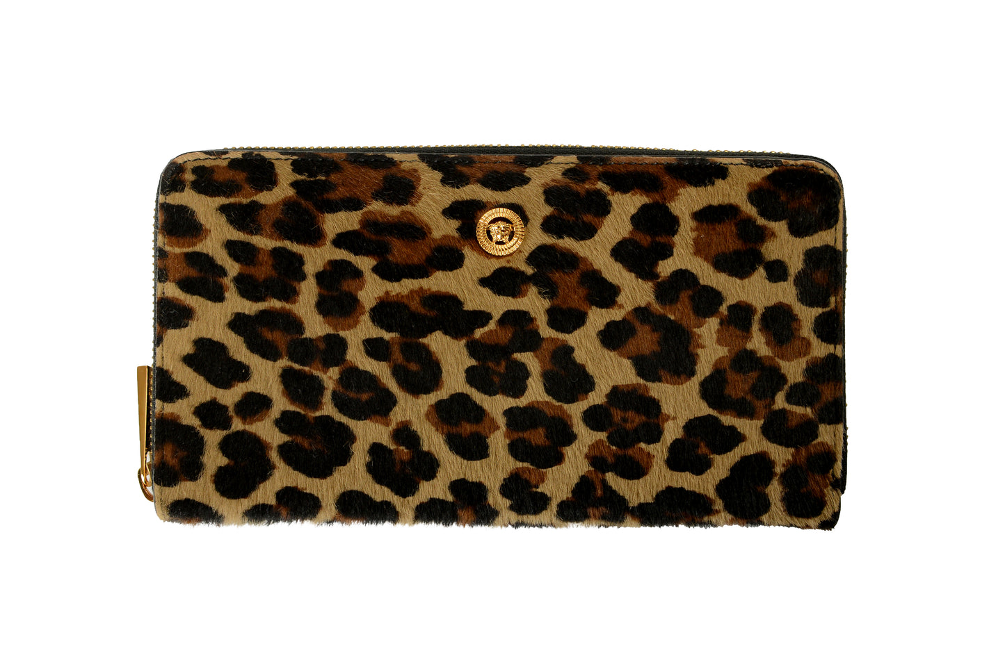 Versace Pony Hair Leather Gold Medusa Head Leopard Print Zip Around Wallet
