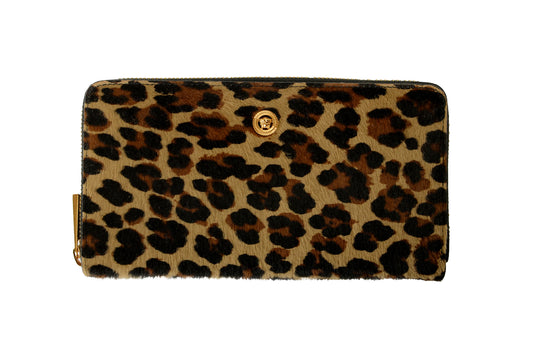 Versace Pony Hair Leather Gold Medusa Head Leopard Print Zip Around Wallet