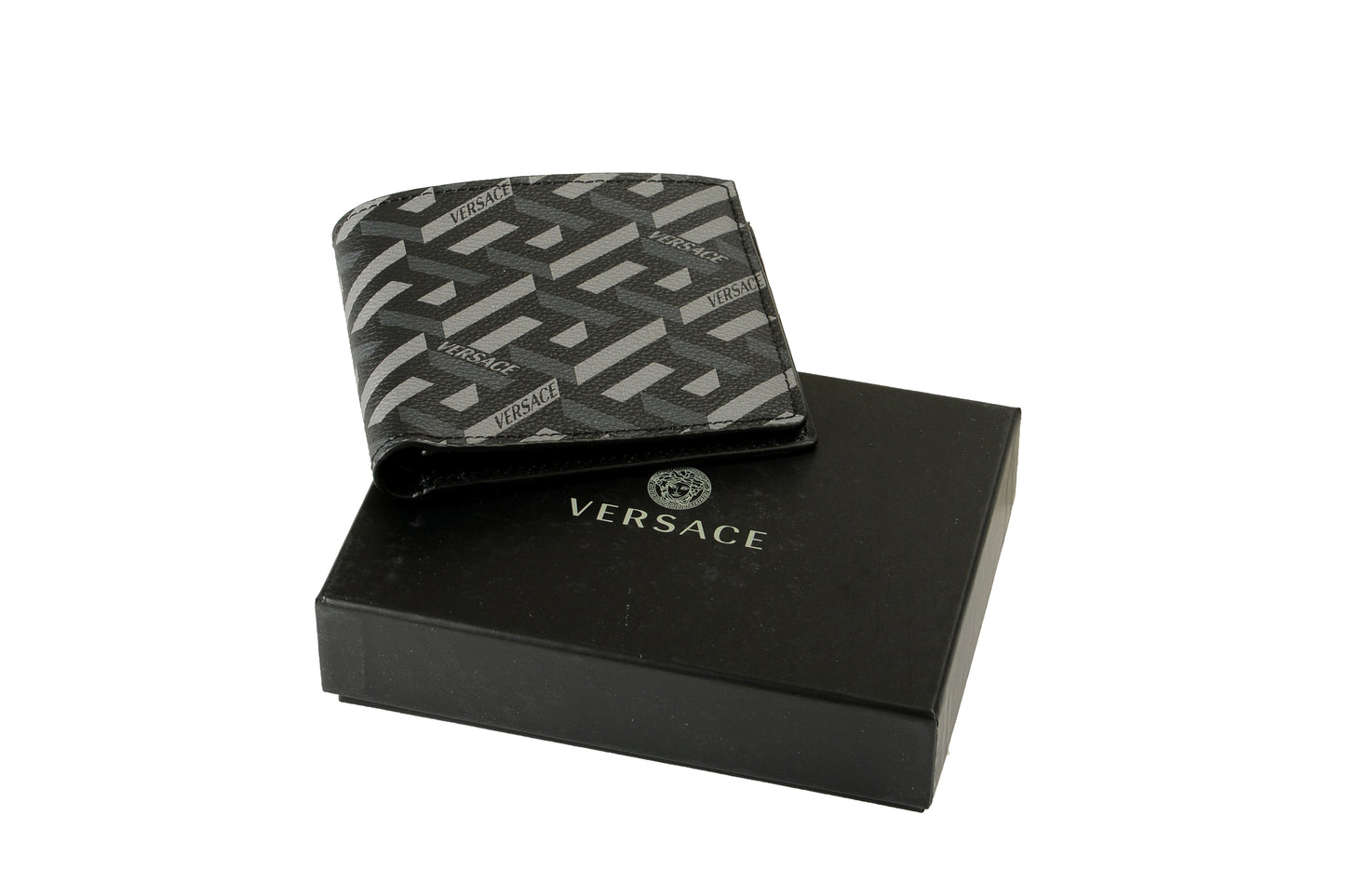 Versace Coated Canvas & Leather Monogram Bifold Wallet