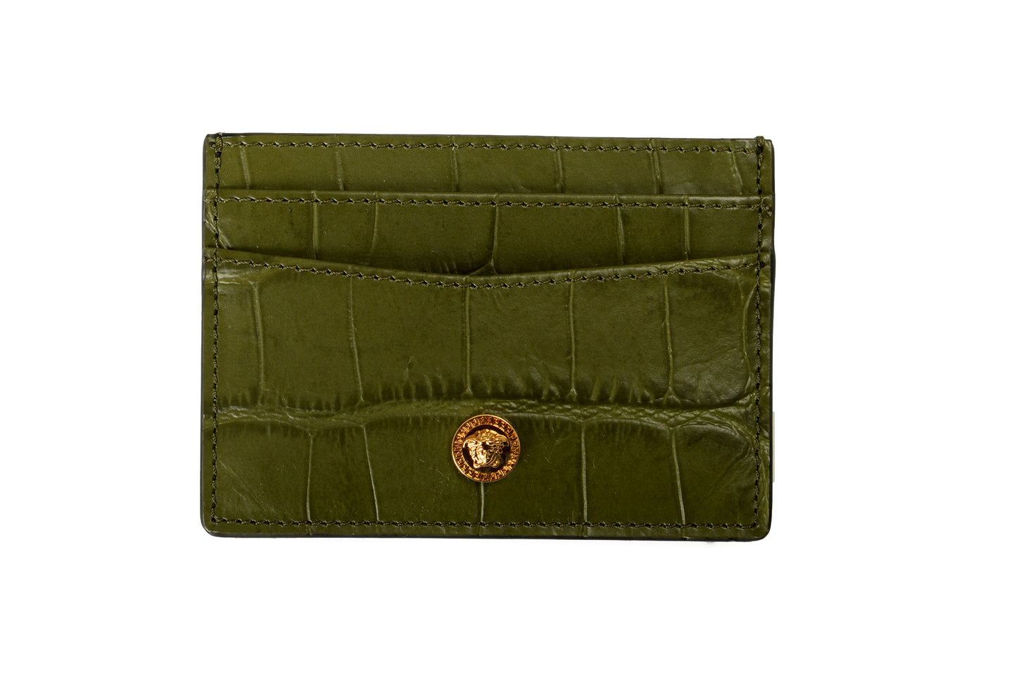 Versace Olive Green Croc Print Leather Gold Medusa Head Card Case Holder