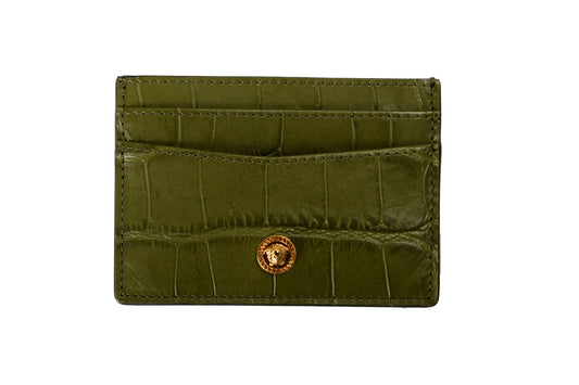 Versace Olive Green Croc Print Leather Gold Medusa Head Card Case Holder