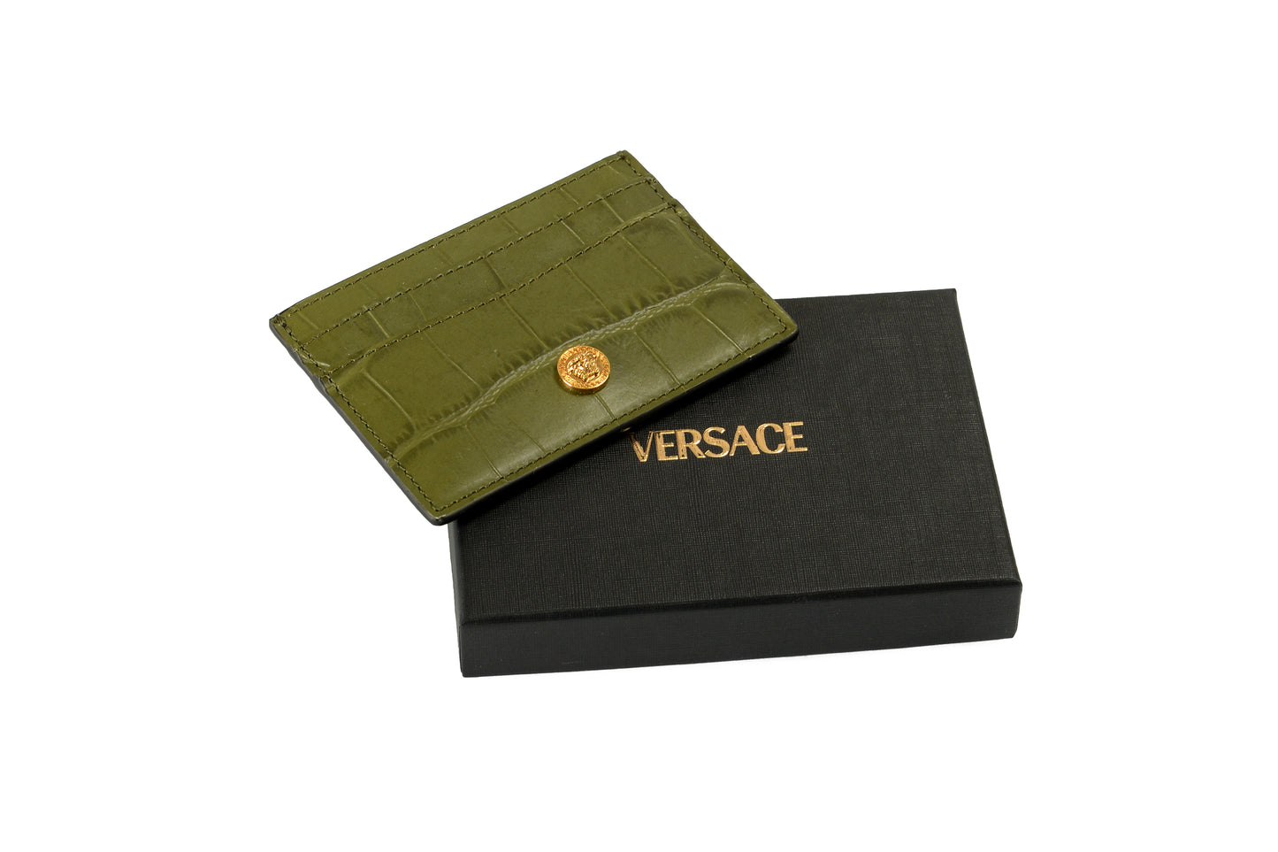 Versace Olive Green Croc Print Leather Gold Medusa Head Card Case Holder