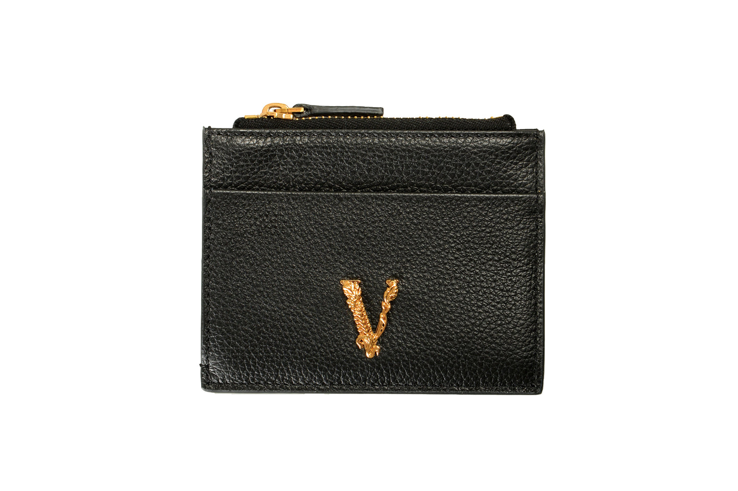 Versace Black 100% Textured Leather V-Logo Card Case