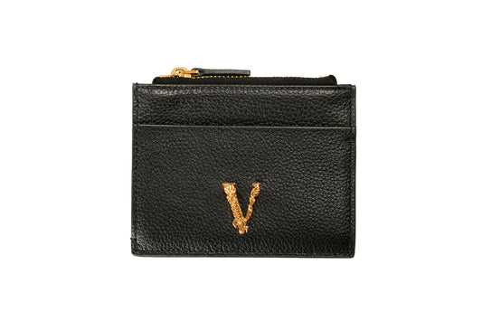 Versace Black 100% Textured Leather V-Logo Card Case