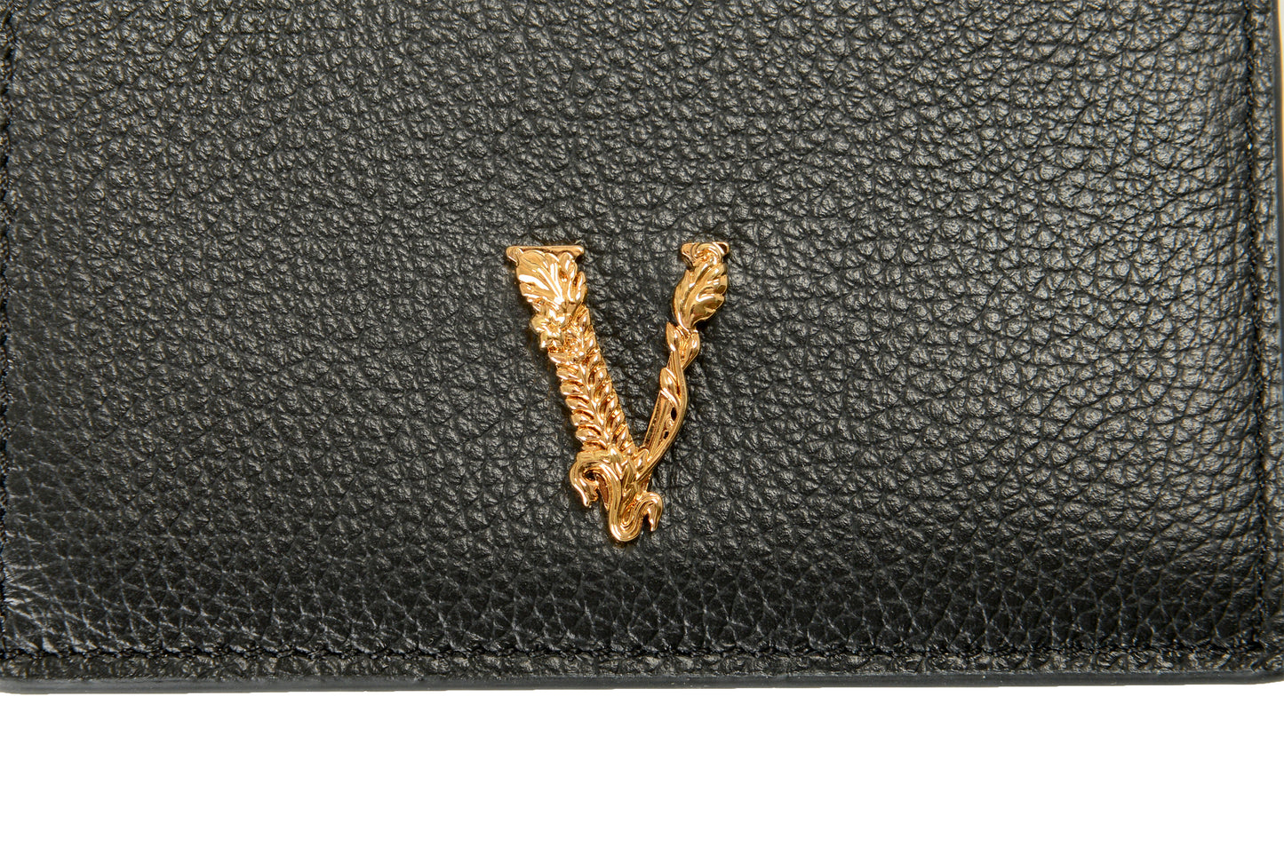 Versace Black 100% Textured Leather V-Logo Card Case