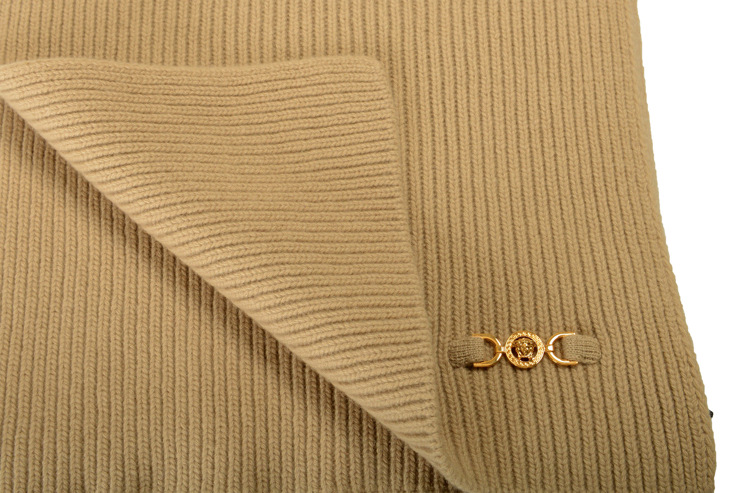 Versace Unisex Beige Wool Cashmere Ribbed Knitted Scarf