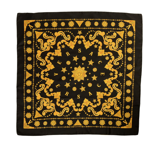 Versace Black & Gold Versace Signature Print 100% Silk Shawl Scarf Bandana