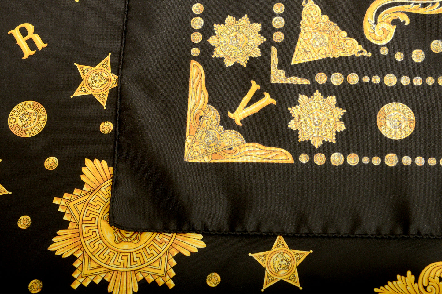 Versace Black & Gold Versace Signature Print 100% Silk Shawl Scarf Bandana